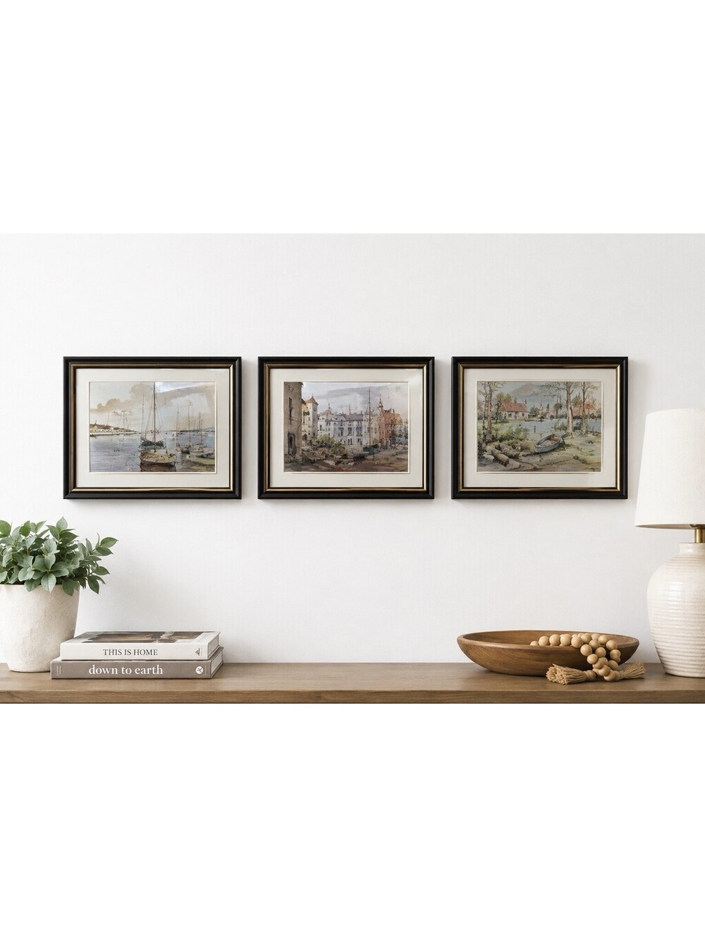 Vintage MCM Foil Art Prints Set of 3 Framed Coastal Nautical Farm Wall Decor